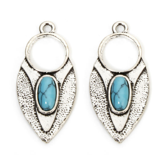 Picture of 5 PCs Zinc Based Alloy Boho Chic Bohemia Pendants Antique Silver Color Leaf With Resin Cabochons Imitation Turquoise 3.7cm x 1.8cm