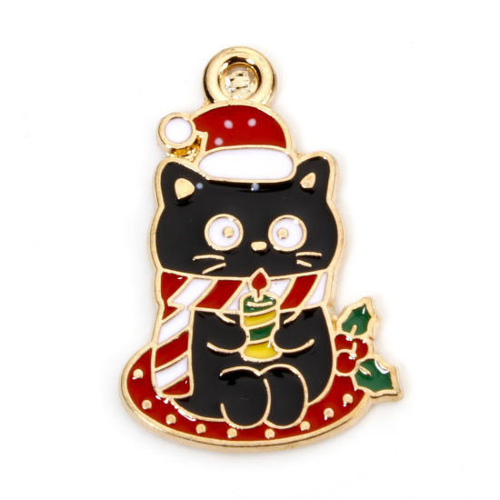 Picture of 10 PCs Zinc Based Alloy Christmas Charms Gold Plated Multicolor Cat Animal Enamel 25mm x 17mm