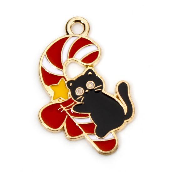 Picture of 10 PCs Zinc Based Alloy Christmas Charms Gold Plated Multicolor Cat Animal Christmas Candy Cane Enamel 26mm x 17mm