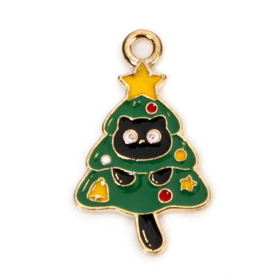 Picture of 10 PCs Zinc Based Alloy Christmas Charms Gold Plated Multicolor Cat Animal Christmas Tree Enamel 25mm x 15mm