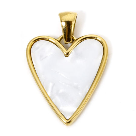 Picture of 1 Piece Eco-friendly Vacuum Plating 304 Stainless Steel & Natural Shell Valentine's Day Charme Pendant Gold Plated Heart 26mm x 18.5mm