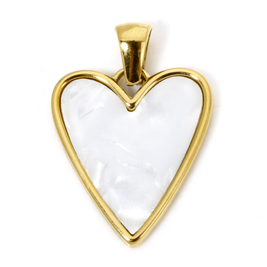 Picture of 1 Piece Eco-friendly Vacuum Plating 304 Stainless Steel & Natural Shell Valentine's Day Charme Pendant Gold Plated Heart 26mm x 18.5mm
