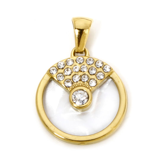 Picture of 1 Piece Eco-friendly Vacuum Plating 304 Stainless Steel & Natural Shell Geometric Charme Pendant Gold Plated Round Clear Rhinestone 25.5mm x 17.5mm