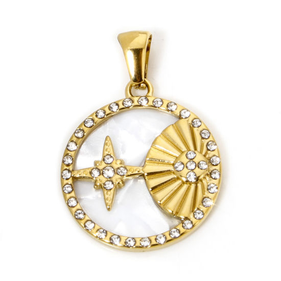 Picture of 1 Piece Eco-friendly Vacuum Plating 304 Stainless Steel & Natural Shell Galaxy Charme Pendant Gold Plated Round Star Clear Rhinestone 28mm x 19.5mm