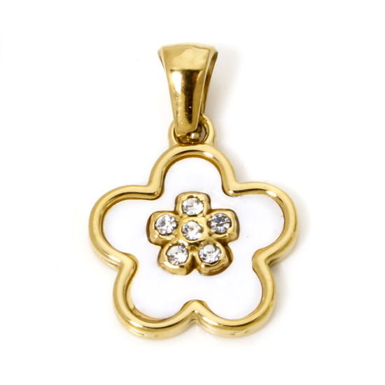 Picture of 1 Piece Eco-friendly Vacuum Plating 304 Stainless Steel & Natural Shell Flora Collection Charme Pendant Gold Plated Flower Clear Rhinestone 23mm x 15.5mm