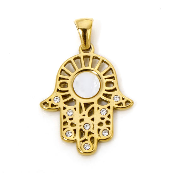 Picture of 1 Piece Eco-friendly Vacuum Plating 304 Stainless Steel & Natural Shell Religious Charme Pendant Gold Plated Hamsa Symbol Hand Clear Rhinestone 30.5mm x 20mm