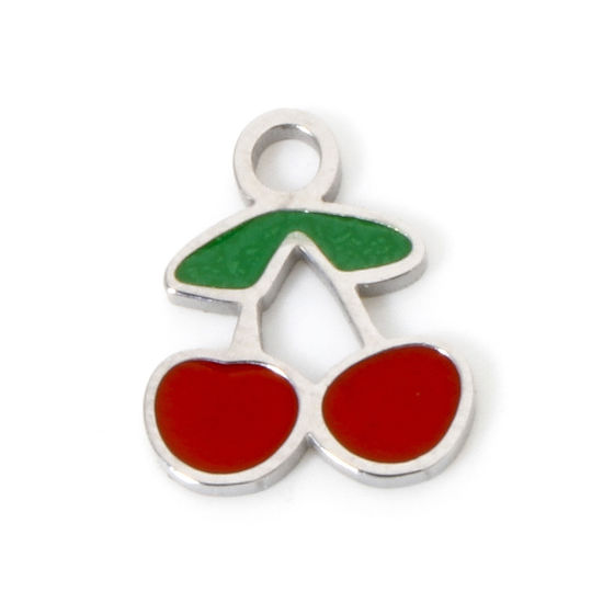 Bild von 1 Stück Hypoallergen 304 Edelstahl Charms Kirsche Silberfarbe Emaille 9.5mm x 8mm