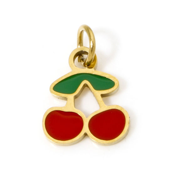 Bild von 1 Stück Umweltfreundliche Vakuumbeschichtung 304 Edelstahl Charms Kirsche Vergoldet Emaille 9.5mm x 8mm