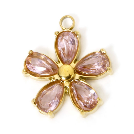 Bild von 1 Stück Umweltfreundliche Vakuumbeschichtung 304 Edelstahl Charms Blumen Vergoldet Rosa Strass 16mm x 14mm