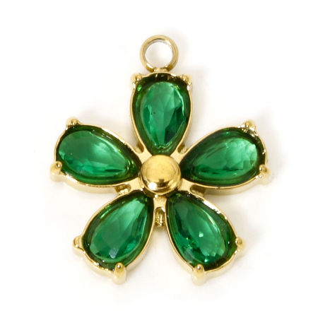 Picture of 1 Piece Eco-friendly Vacuum Plating 304 Stainless Steel Charmes Gold Plated Flower Green Rhinestone 16mm x 14mm