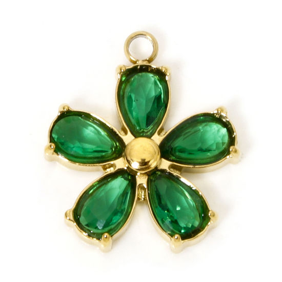Bild von 1 Stück Umweltfreundliche Vakuumbeschichtung 304 Edelstahl Charms Blumen Vergoldet Grün Strass 16mm x 14mm