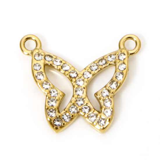 Bild von 1 Stück Umweltfreundliche Vakuumbeschichtung 304 Edelstahl Insekt Charms Schmetterling Vergoldet Transparent Strass 16.5mm x 13.5mm