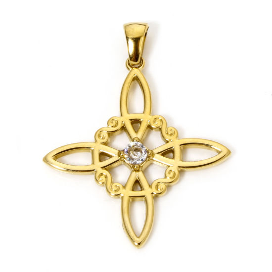 Bild von 1 Stück Umweltfreundliche Vakuumbeschichtung 304 Edelstahl Anhänger Keltischer Knoten Vergoldet Transparent Strass 38mm x 30mm