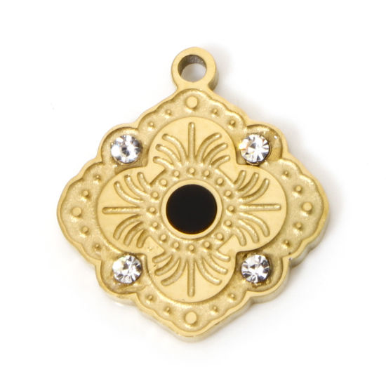 Image de 1 Pièce Breloques en 304 Acier Inoxydable Revêtement sous Vide PVD Respectueux de l'Environnement Plaqué Or 18K Fleur à Strass Transparent 15mm x 14mm