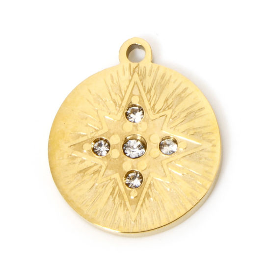 Image de 1 Pièce Breloques en 304 Acier Inoxydable Placage sous Vide Rond Plaqué Or 18K Etoiles de 4 Branches à Strass Transparent 17mm x 14mm