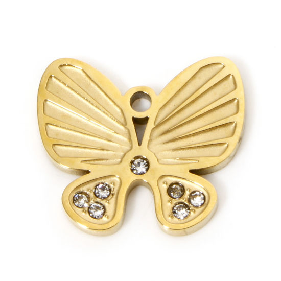 Image de 1 Pièce Breloques en 304 Acier Inoxydable Revêtement sous Vide PVD Respectueux de l'Environnement Insecte Plaqué Or 18K Papillon à Strass Transparent 16mm x 14mm