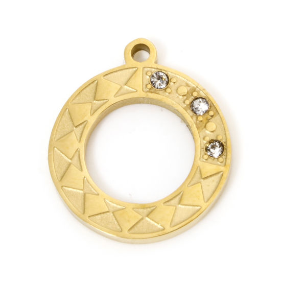 Image de 1 Pièce Breloques en 304 Acier Inoxydable Placage sous Vide Rond Plaqué Or 18K à Strass Transparent 17mm x 15mm