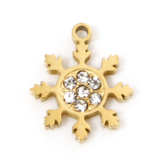 Image de 1 Pièce Breloques en 304 Acier Inoxydable Revêtement sous Vide PVD Respectueux de l'Environnement Plaqué Or 18K Flocon de Neige de Noël à Strass Transparent 11mm x 9.5mm