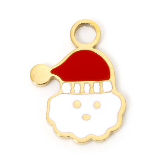 Picture of 1 Piece Vacuum Plating 304 Stainless Steel Charms 18K Gold Plated Christmas Hats Enamel 16mm x 12mm