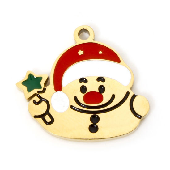 Picture of 1 Piece Vacuum Plating 304 Stainless Steel Charms 18K Gold Plated Christmas Snowman Enamel 15mm x 14mm