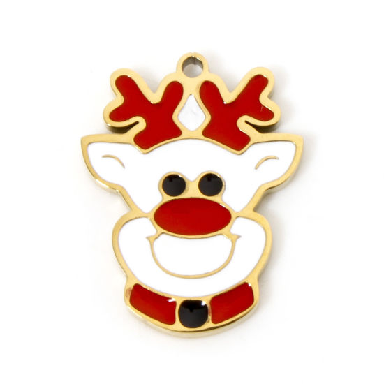 Picture of 1 Piece Vacuum Plating 304 Stainless Steel Charms 18K Gold Plated Christmas Reindeer Enamel 15mm x 12mm