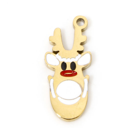 Picture of 1 Piece Vacuum Plating 304 Stainless Steel Charms 18K Gold Plated Christmas Reindeer Enamel 17mm x 7mm