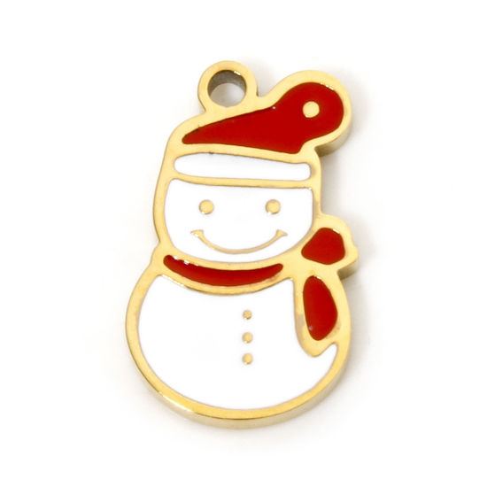 Picture of 1 Piece Vacuum Plating 304 Stainless Steel Charms 18K Gold Plated Christmas Snowman Enamel 13mm x 8mm