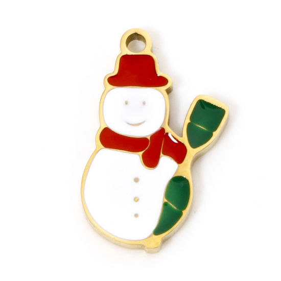 Picture of 1 Piece Vacuum Plating 304 Stainless Steel Charms 18K Gold Plated Christmas Snowman Enamel 14.5mm x 9mm