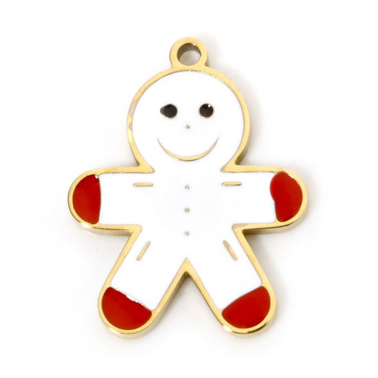 Picture of 1 Piece Vacuum Plating 304 Stainless Steel Charms 18K Gold Plated Christmas Gingerbread Man Enamel 16mm x 12mm