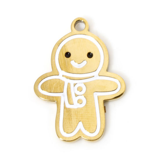 Picture of 1 Piece Vacuum Plating 304 Stainless Steel Charms 18K Gold Plated Christmas Gingerbread Man Enamel 16.5mm x 12mm