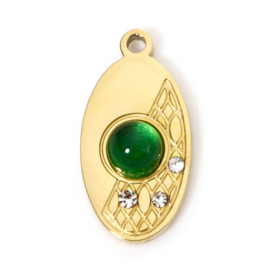 Picture of 1 Piece Vacuum Plating 304 Stainless Steel Charms 18K Gold Plated Green Oval 16mm x 8mm