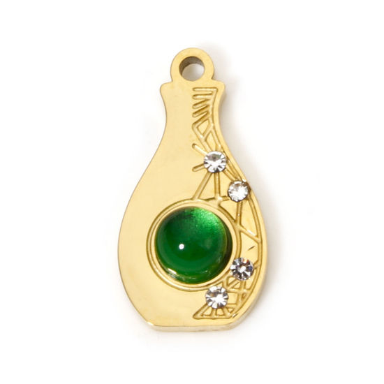 Picture of 1 Piece Vacuum Plating 304 Stainless Steel Charms 18K Gold Plated Green Vase 16mm x 8mm