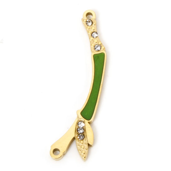 Picture of 1 Piece Vacuum Plating 304 Stainless Steel Charms 18K Gold Plated Green Bamboo-shaped Enamel 3cm x 0.8cm