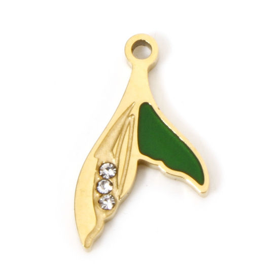 Picture of 1 Piece Vacuum Plating 304 Stainless Steel Charms 18K Gold Plated Green Whale Tail Enamel 16mm x 9mm