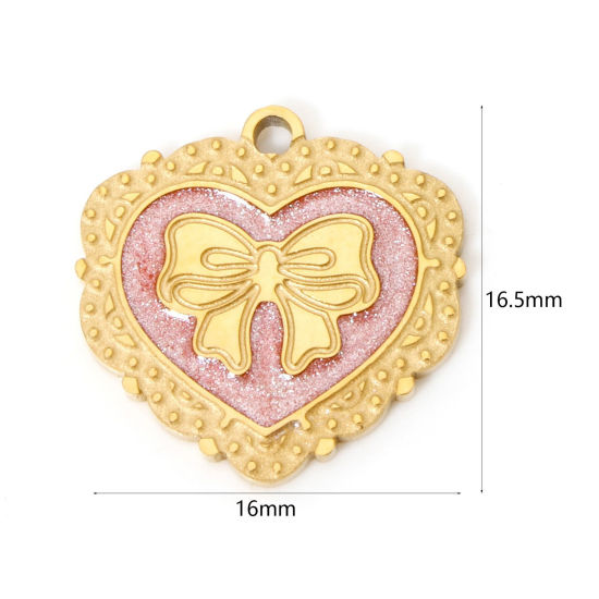 Bild von 1 Stück Vakuumbeschichtung 304 Edelstahl Charms Herz 18K Vergoldet Rosa Schleife Emaille 16.5mm x 16mm