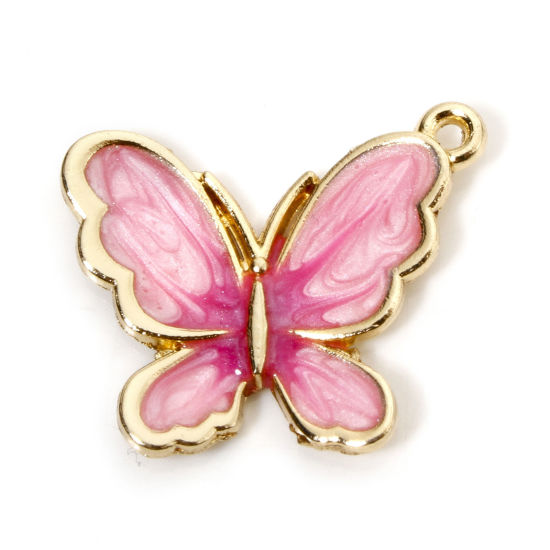 Picture of 10 PCs Zinc Based Alloy Insect Charms Gold Plated Gradient Color Pink Pearlized Butterfly Animal Enamel 21mm x 18mm