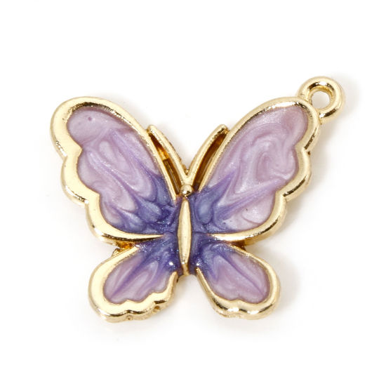 Picture of 10 PCs Zinc Based Alloy Insect Charms Gold Plated Gradient Color Purple Pearlized Butterfly Animal Enamel 21mm x 18mm