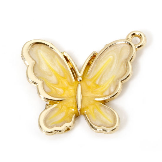 Picture of 10 PCs Zinc Based Alloy Insect Charms Gold Plated Gradient Color Yellow Pearlized Butterfly Animal Enamel 21mm x 18mm