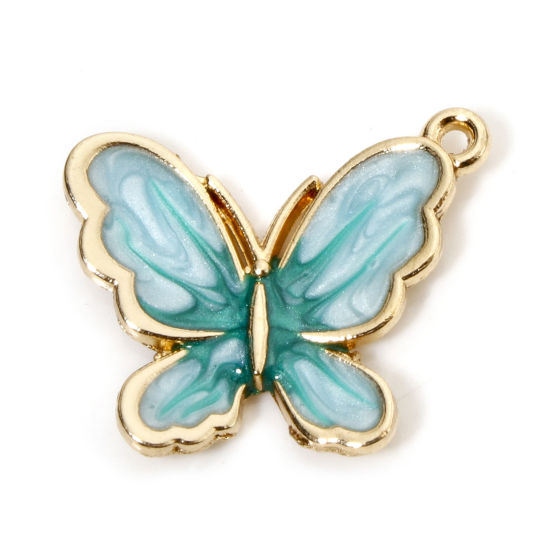 Picture of 10 PCs Zinc Based Alloy Insect Charms Gold Plated Gradient Color Green Pearlized Butterfly Animal Enamel 21mm x 18mm