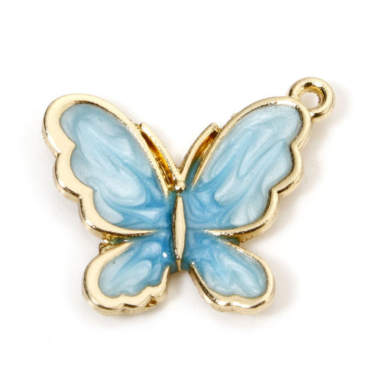 Picture of 10 PCs Zinc Based Alloy Insect Charms Gold Plated Gradient Color Blue Pearlized Butterfly Animal Enamel 21mm x 18mm