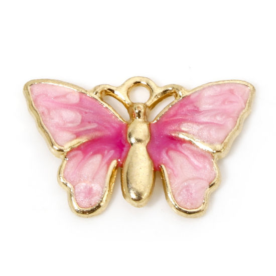 Picture of 10 PCs Zinc Based Alloy Insect Charms Gold Plated Gradient Color Pink Pearlized Butterfly Animal Enamel 21.5mm x 13mm