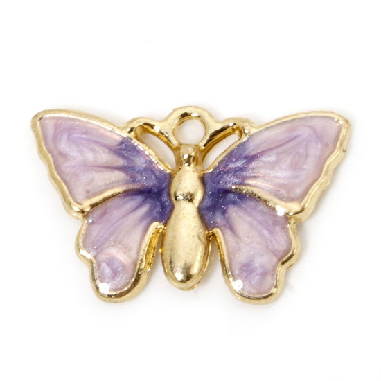 Picture of 10 PCs Zinc Based Alloy Insect Charms Gold Plated Gradient Color Purple Pearlized Butterfly Animal Enamel 21.5mm x 13mm