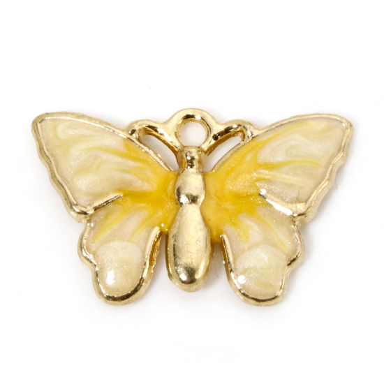 Picture of 10 PCs Zinc Based Alloy Insect Charms Gold Plated Gradient Color Yellow Pearlized Butterfly Animal Enamel 21.5mm x 13mm