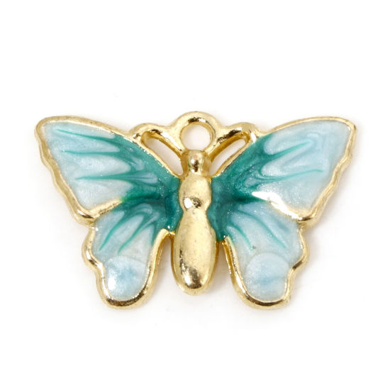 Picture of 10 PCs Zinc Based Alloy Insect Charms Gold Plated Gradient Color Green Pearlized Butterfly Animal Enamel 21.5mm x 13mm