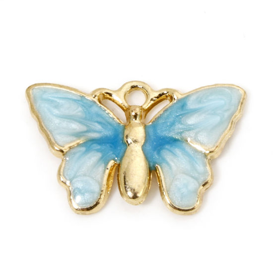 Picture of 10 PCs Zinc Based Alloy Insect Charms Gold Plated Gradient Color Blue Pearlized Butterfly Animal Enamel 21.5mm x 13mm