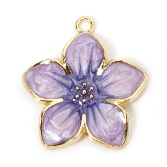 Picture of 5 PCs Zinc Based Alloy Charms Gold Plated Gradient Color Purple Pearlized Flower Enamel 27.5mm x 25mm