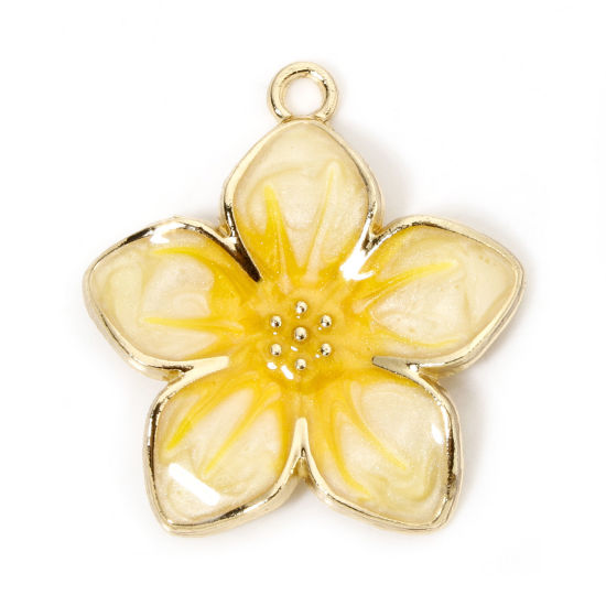 Picture of 5 PCs Zinc Based Alloy Charms Gold Plated Gradient Color Yellow Pearlized Flower Enamel 27.5mm x 25mm