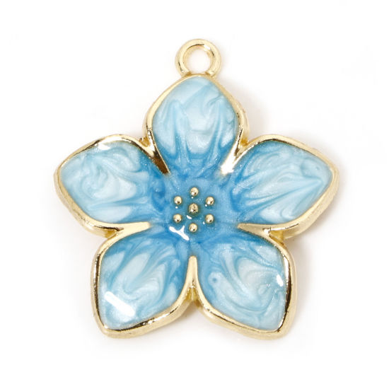 Picture of 5 PCs Zinc Based Alloy Charms Gold Plated Gradient Color Blue Pearlized Flower Enamel 27.5mm x 25mm