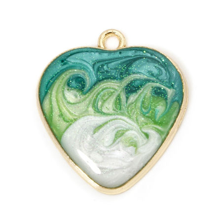 Image de 5 Pcs Breloques La Saint Valentin en Alliage de Zinc Doré Vert Perlaire Cœur Émail 26mm x 23mm