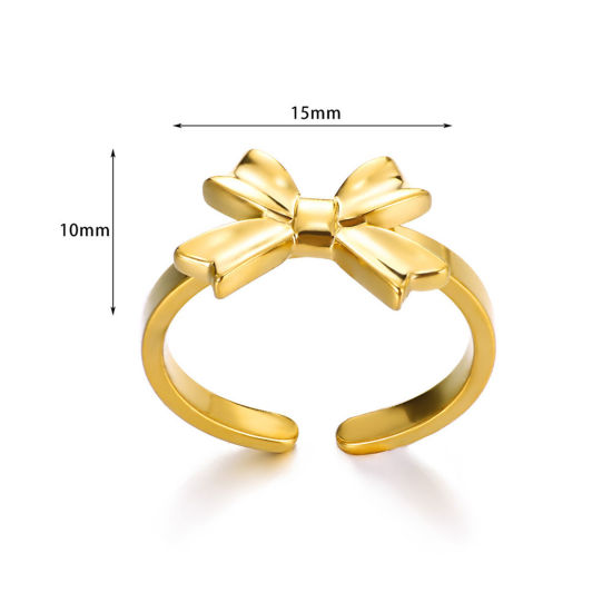 Picture of 1 Piece Vacuum Plating 304 Stainless Steel Open Rings Gold Plated Bowknot 15mm x 12mm